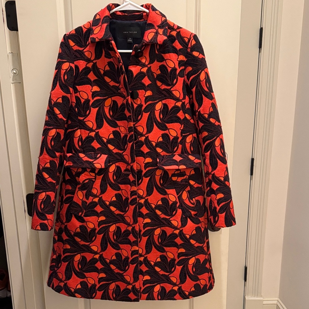 Ann Taylor "Vine Print" topper jacquard coat in a red and black colorway
